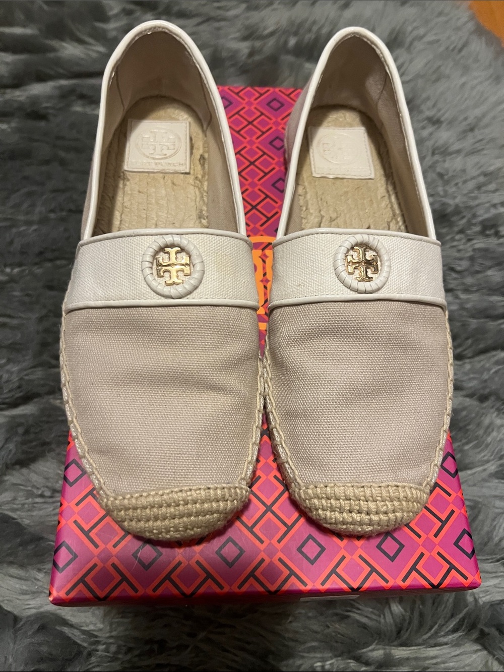 Tory Burch Neutral Canvas Espadrille Slip-Ons with Gold Logo